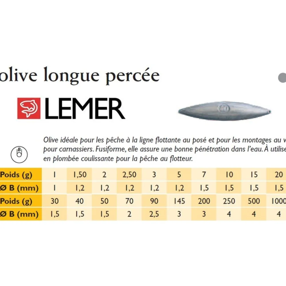 LEMER Plombs De Pêche / Bombettes / Buldos / Flotteurs|Plomb De Pêche^Plombs Olives longues percées